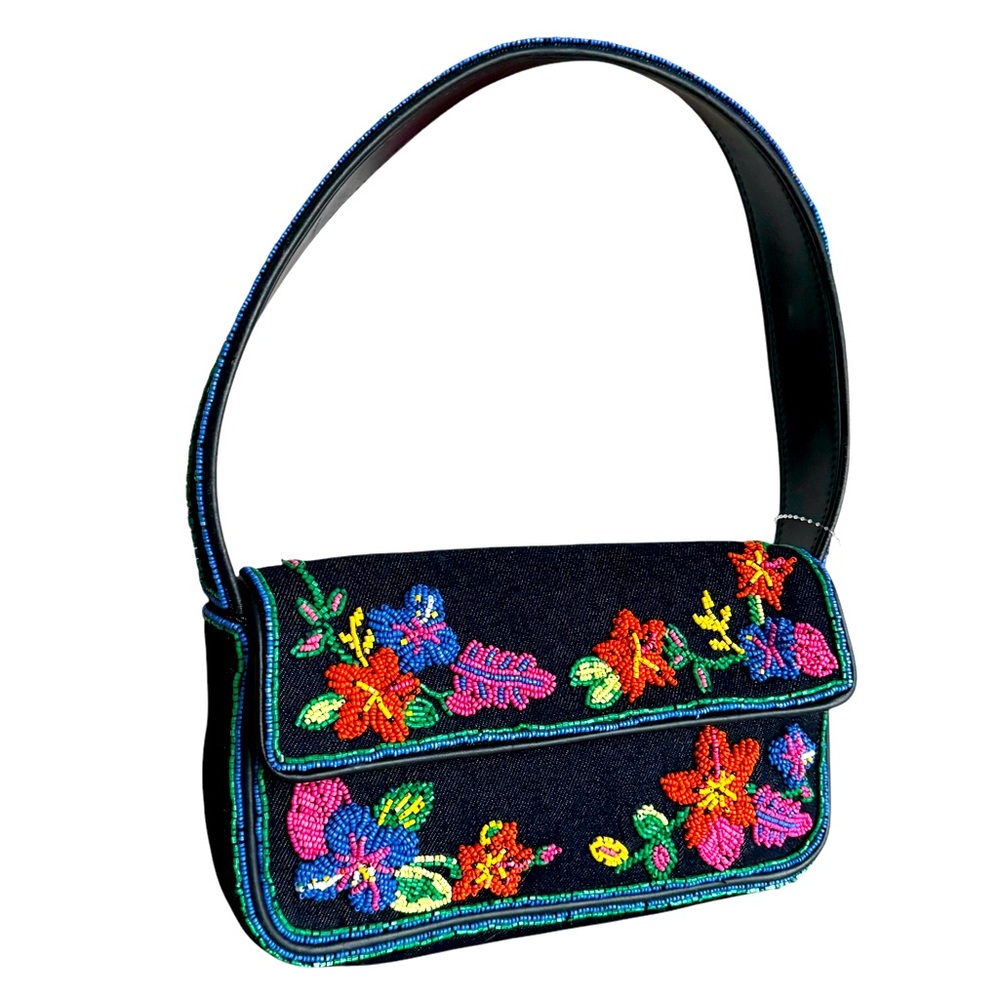 🆕 STAUD Tommy Shoulder Bag Floral Beaded Denim - Picture 5 of 17